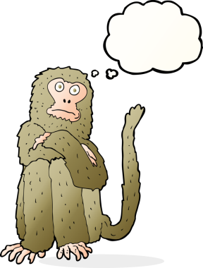 Bir insan tarafından çizilmiş düşünce baloncuklu çizgi maymun.