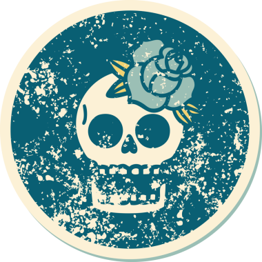 Bir insan tarafından çizilmiş kafatası ve gülün sembolik dövmeli görüntüsü.