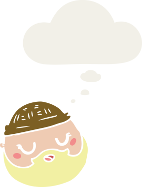 Çizgi film erkek yüzü sakallı, düşünce baloncuklu bir insan tarafından çizilmiş.