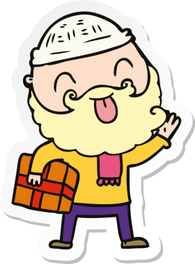 Bir insan tarafından çizilmiş Noel hediyesi taşıyan sakallı bir adamın çıkartması.