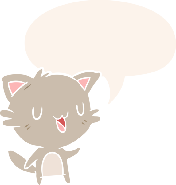 bir insan tarafından çizilmiş, konuşma baloncuklu mutlu kedi çizgi filmi.