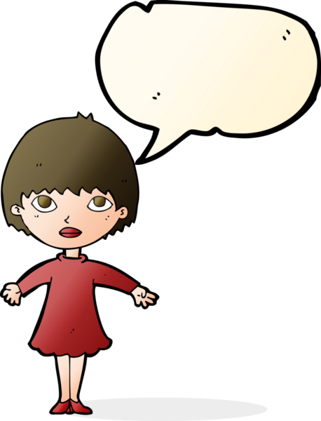 Bir insan tarafından çizilmiş, konuşma balonu olan bir çizgi film kadını.