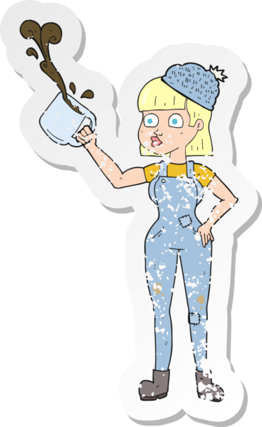 Bir insan tarafından çizilmiş kahve fincanı olan kadın bir çizgi film çalışanının gerilimli retro yapıştırması.