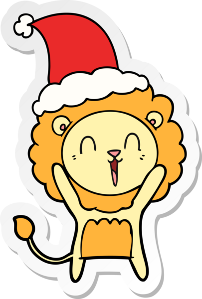 Gülen aslan eli bir insan tarafından çizilmiş Noel Baba şapkasının çıkartması.