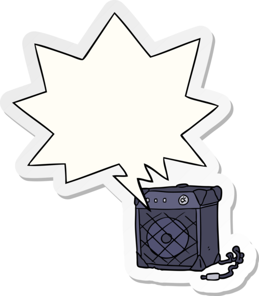 Bir insan tarafından çizilmiş konuşma kabarcığı çıkartmalı elektro gitar amfisi.