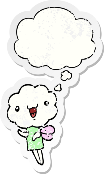 Düşünce baloncuğu olan tatlı bir çizgi film yaratığı insan tarafından çizilmiş yıpranmış bir çıkartma.