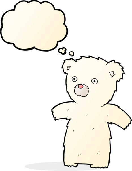 Bir insan tarafından çizilmiş düşünce baloncuklu kutup ayısı çizgi filmi.