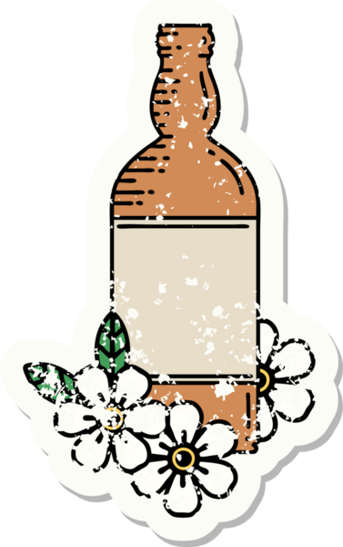 Geleneksel bir rom şişesi ve bir insan tarafından çizilmiş çiçek stili dövmesi.