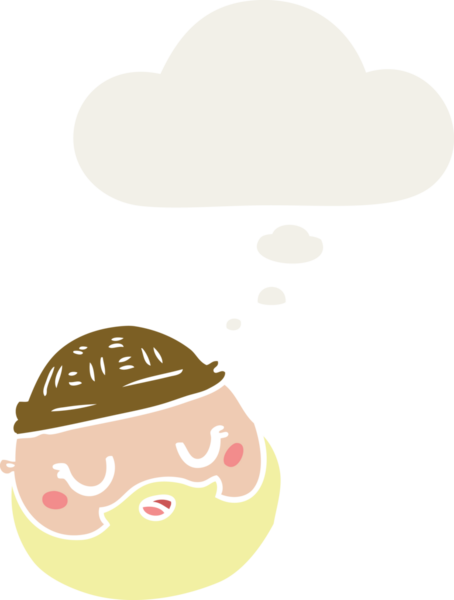 Çizgi film erkek yüzü sakallı, düşünce baloncuklu bir insan tarafından çizilmiş.