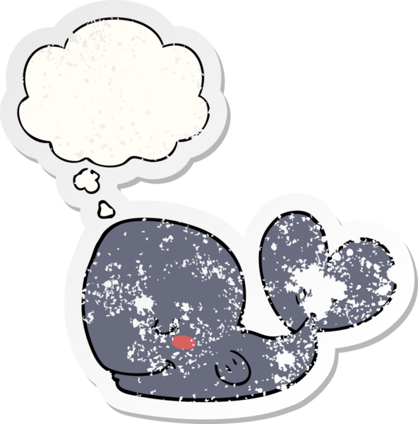 Düşünce baloncuğu olan karikatür balinası bir insan tarafından çizilmiş yıpranmış bir çıkartma.