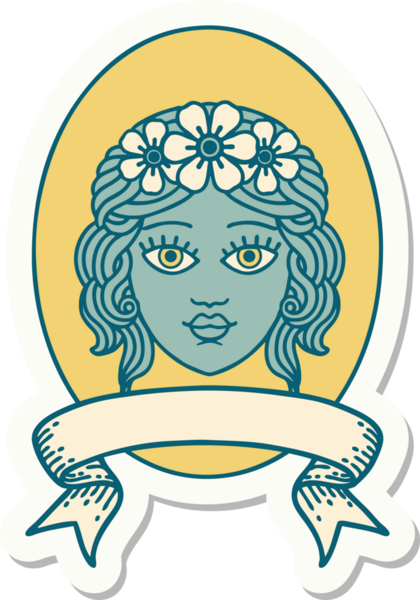 Bir insan tarafından çizilmiş çiçekli bir bakirenin sancağına sahip dövme stili çıkartması.