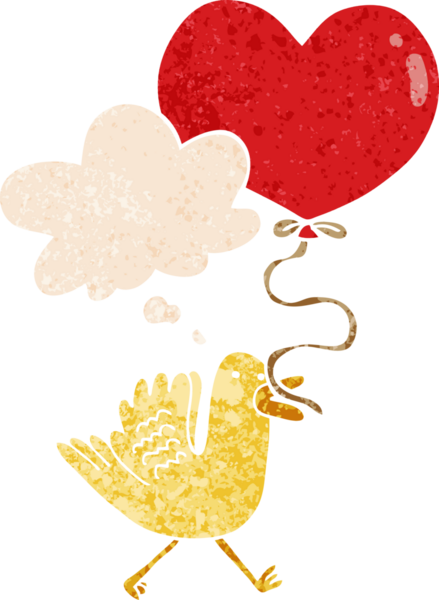 Karikatür kuşu kalp balonuyla birlikte grunge 'da düşünce baloncuğu olan kederli eski moda bir insan tarafından çizilmiş.