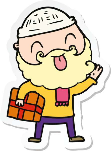 Bir insan tarafından çizilmiş Noel hediyesi taşıyan sakallı bir adamın çıkartması.