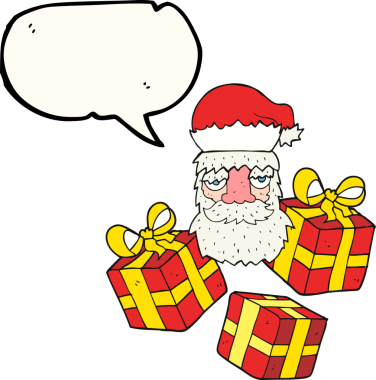 El yazısıyla çizilmiş konuşma balonu çizgi filmi yorgun Noel Baba yüzü ve bir insan tarafından çizilmiş hediyeler.