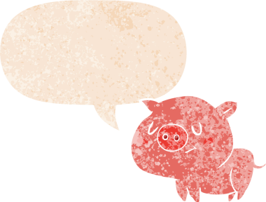 Bir insan tarafından çizilmiş grunge dertli retro tarzı konuşma baloncuklu çizgi film domuzu