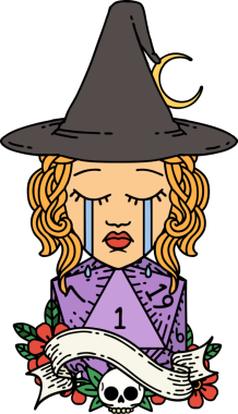 Retro Dövme Tarzı Ağlayan İnsan Cadı Doğal D20 yuvarlamalı Bir insan tarafından çizilmiş