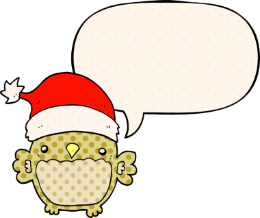 Bir insan tarafından çizilmiş çizgi roman tarzında konuşma balonu olan sevimli noel baykuşu.