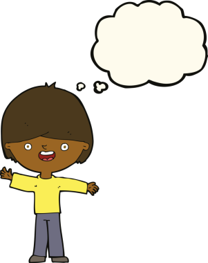 Bir insan tarafından çizilmiş düşünce balonu olan mutlu çocuk çizgi filmi.