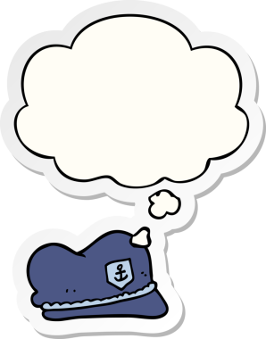 İnsan tarafından çizilmiş bir çıkartma olarak düşünce baloncuklu çizgi film denizci şapkası.