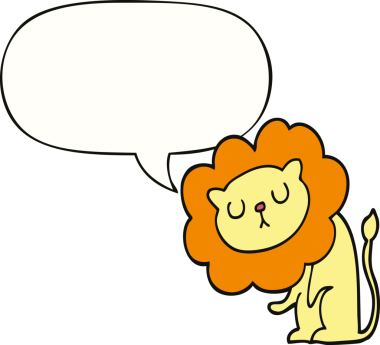 Bir insan tarafından çizilmiş konuşma balonu olan sevimli çizgi film aslanı.