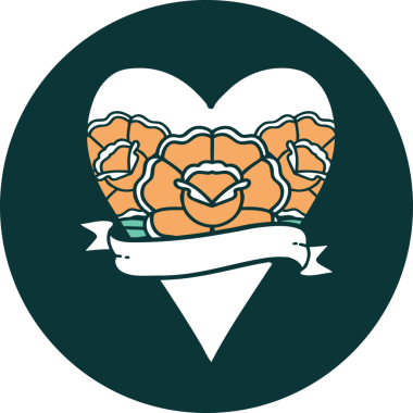 İkonik dövme stili bir kalp ve bir insan tarafından çizilmiş çiçekli pankart.