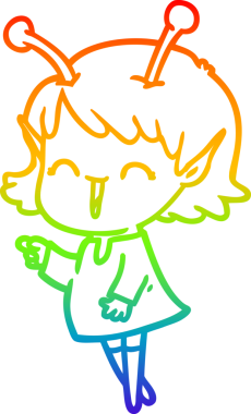 Gökkuşağı gradyan çizgi çizimi bir insan tarafından çizilmiş uzaylı bir kızın gülüşü.