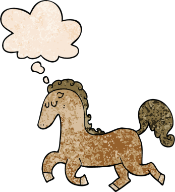 Bir insan tarafından çizilmiş grunge desen tarzında düşünce baloncuğu ile koşan çizgi at.