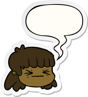 Bir insan tarafından çizilmiş konuşma balonu çıkartmalı bir kadın yüzü.