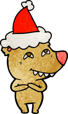 Bir insan tarafından çizilmiş Noel Baba şapkası giymiş bir ayının el çizimi karikatürü.