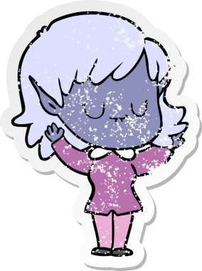 Bir insan tarafından çizilmiş mutlu bir elf kızının sıkıntılı çıkartması.