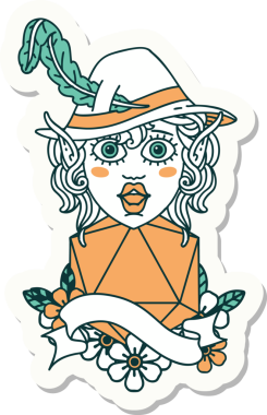 Bir insan tarafından çizilmiş doğal yirmilik bir elf ozan karakterinin çıkartması.