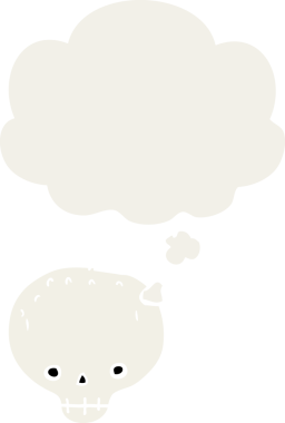 Düşünce baloncuğu olan karikatür kafatası insan tarafından çizilmiş.