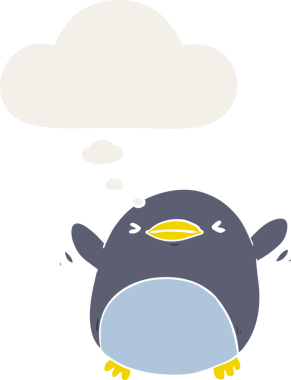 Bir insan tarafından çizilmiş düşünce baloncuğu ile kanat çırpan sevimli bir penguen.