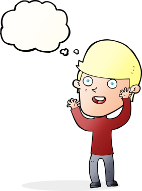 Bir insan tarafından çizilmiş düşünce balonlu mutlu adam çizgi filmi.