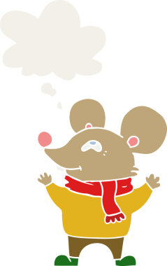 Düşünce baloncuklu atkı takan bir insan tarafından çizilmiş karikatür faresi.