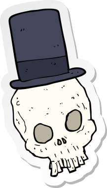 Bir insan tarafından çizilmiş silindir şapka giyen bir kafatası çıkartması.