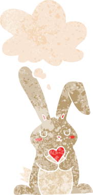 Düşünce baloncuğuna aşık çizgi film tavşanı bir insan tarafından çizilmiş dertli retro tarzı