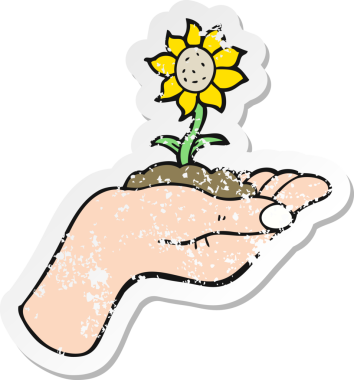 Bir insan tarafından çizilen avucunun içinde büyüyen bir karikatür çiçeğinin gerilemiş etiketi.