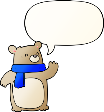 Bir insan tarafından çizilmiş yumuşak eğimli konuşma baloncuklu eşarp takan çizgi film ayısı.