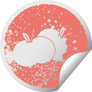 Bir insan tarafından çizilmiş sulu bir elmanın kırmızı kabuk soyma etiketi.