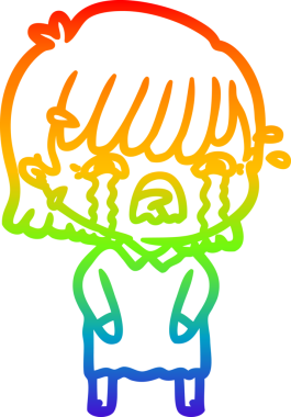 Gökkuşağı gradyan çizimi bir insan tarafından çizilmiş ağlayan bir çizgi kız çizimi