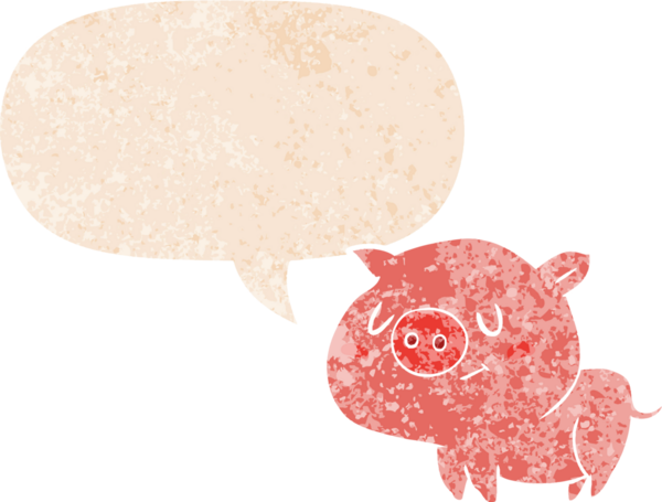 Bir insan tarafından çizilmiş grunge dertli retro tarzı konuşma baloncuklu çizgi film domuzu