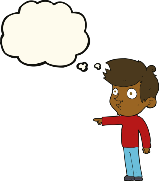 Bir insan tarafından çizilmiş düşünce kabarcığı olan çizgi film çocuğu.