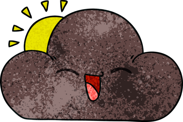 Bir insan tarafından çizilmiş garip bir çizgi film güneşi ve mutlu fırtına bulutu.