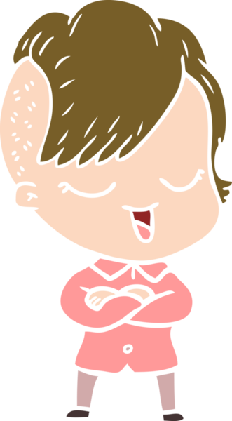 Bir insan tarafından çizilmiş mutlu düz renkli çizgi film kızı.