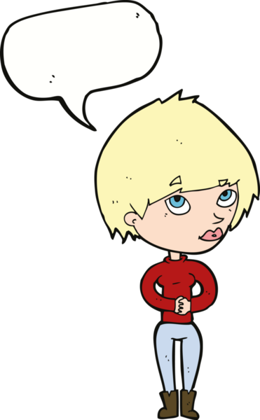 Bir insan tarafından çizilmiş bir konuşma balonuyla düşünen karikatür kadını.