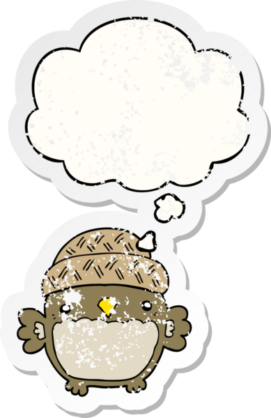 Düşünce baloncuklu şapkalı sevimli baykuş, bir insan tarafından çizilmiş yıpranmış bir çıkartma.