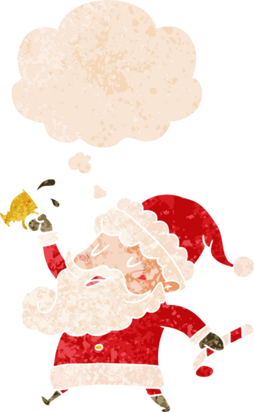 Düşünce baloncuklu sıcak kakaolu karikatür noel baba bir insan tarafından çizilmiş dertli retro desenli.