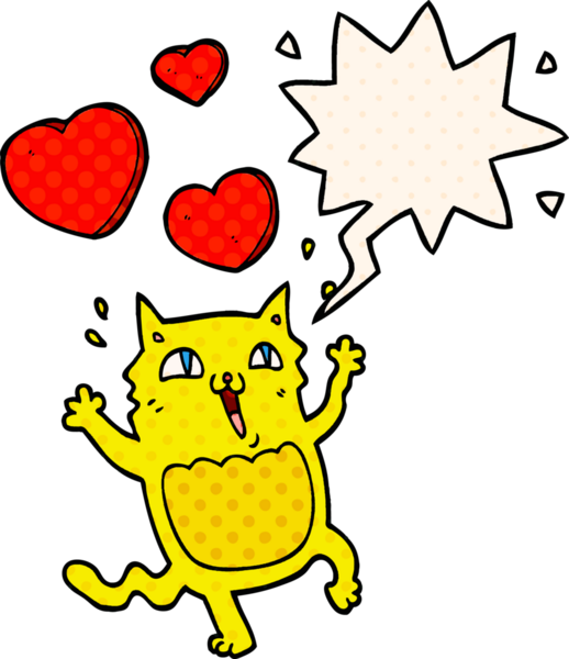 Çizgi roman tarzında bir insan tarafından çizilmiş, konuşma balonuna delicesine aşık çizgi film kedisi.