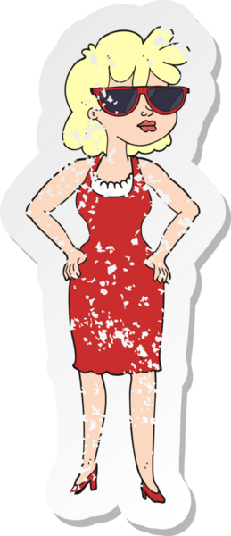 Bir insan tarafından çizilmiş güneş gözlüğü takan karikatürist bir kadının gerilimli çıkartması.